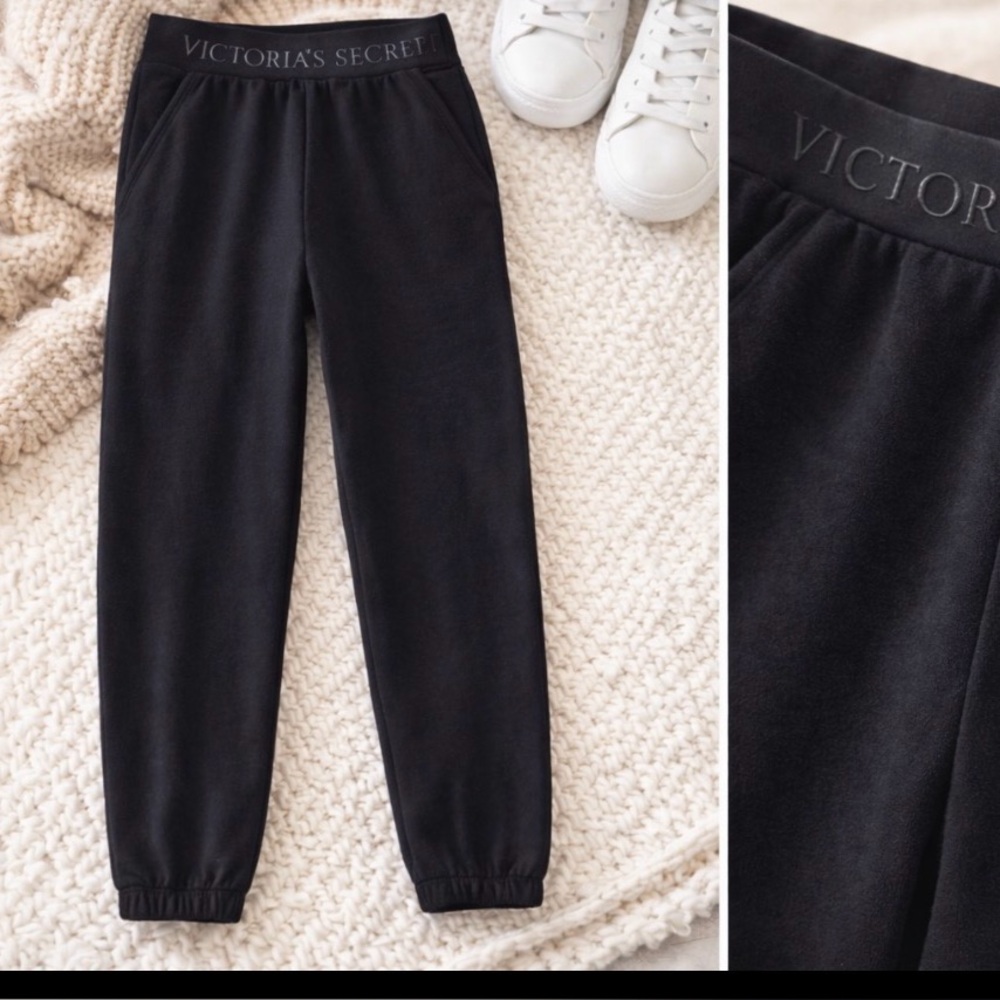 Victoria's Secret Logo Waistband Fleece Joggers - Classic Black Size Medium - Picture 6 of 7
